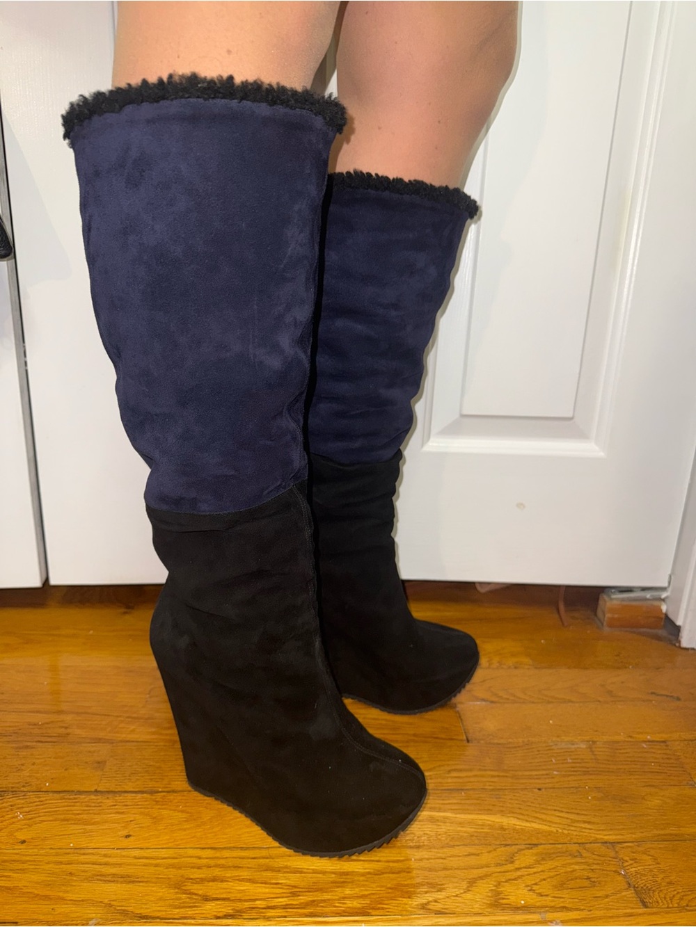 YSL Women's Two-Tone Black and Navy Wedge Knee-High Boots